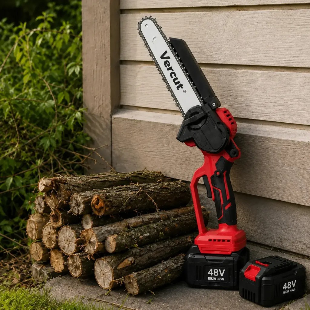 Man pruning high branches with Vercut telescopic chainsaw — cordless, no petrol